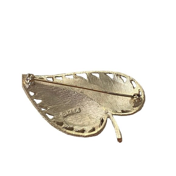 Signed BSK Goldtone Brooch Brushed Leaf Textured 2.1" Pin - Picture 10 of 16